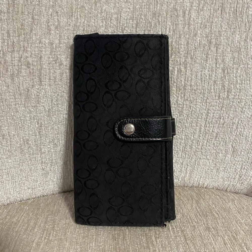 BLACK CLOTH WALLET WITH LEATHER TRIM, SILVER BUCKLE